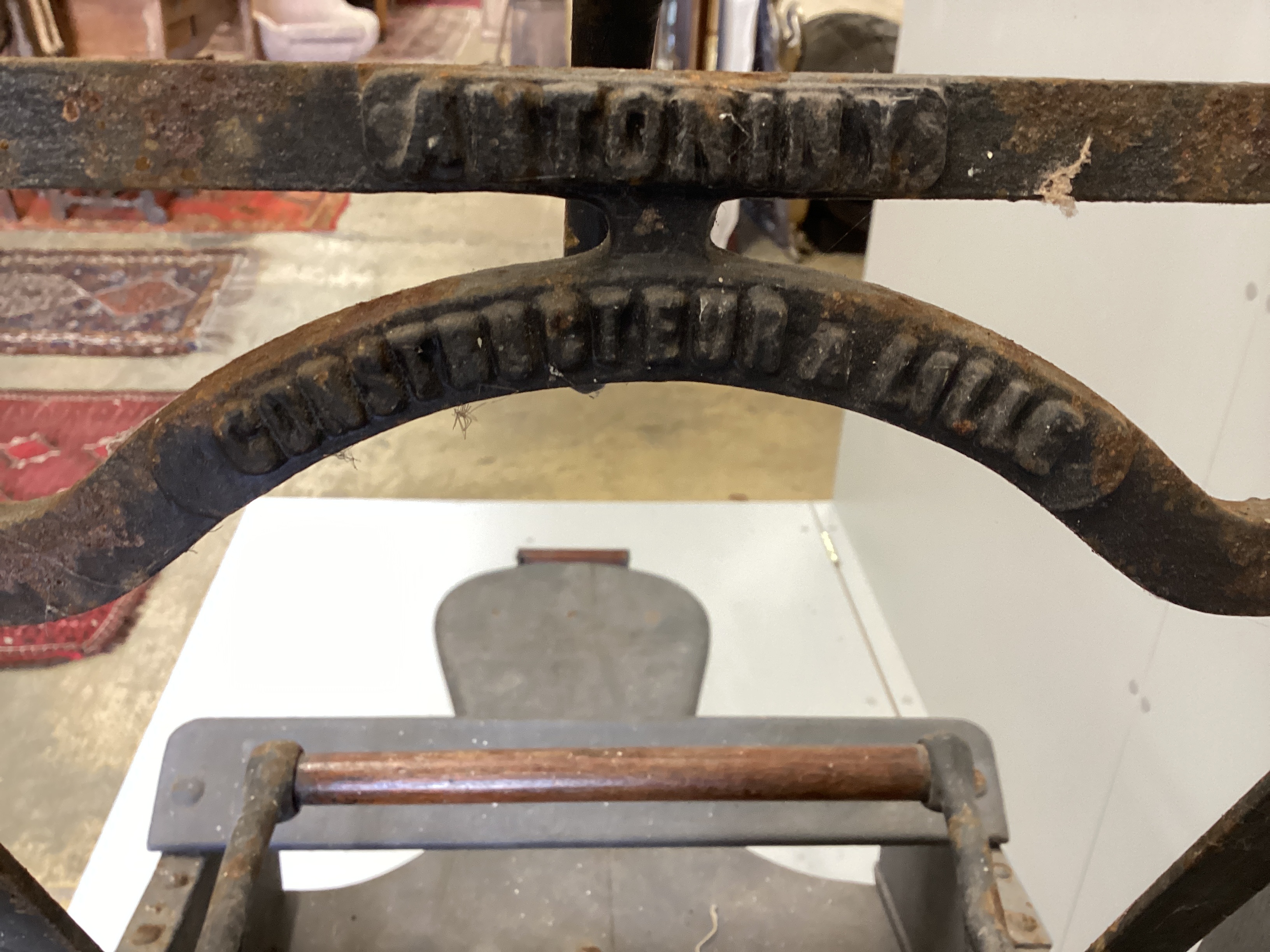 A late 19th / early 20th century French painted wood and iron wool threshing cart, length 146cm, height 131cm